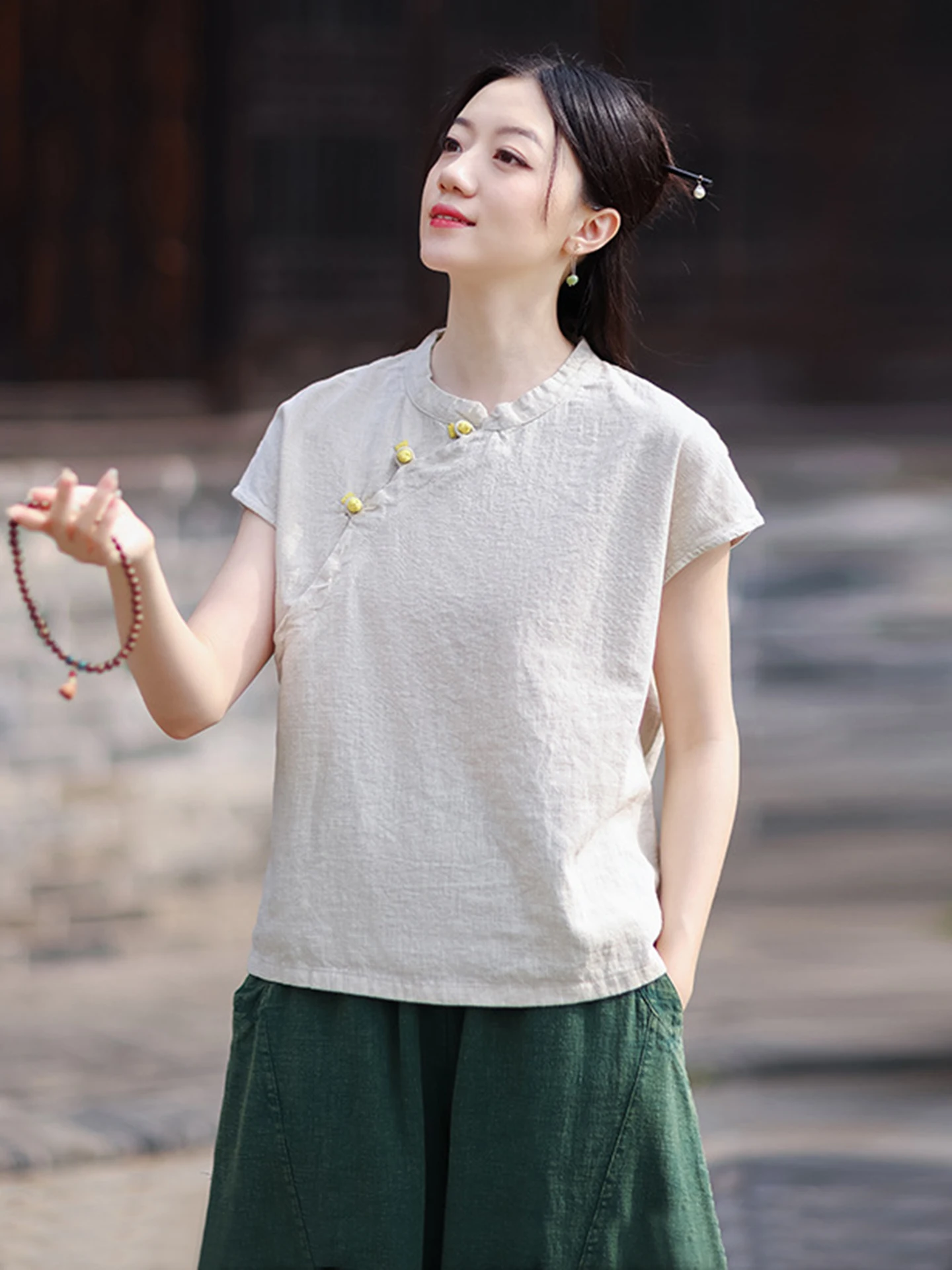 Young Style Chinese Cotton Linen Short Sleeve T-Shirt Button up Shirt Retro National Style Women's Summer Fashion Top