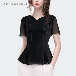 Women' Summer Short Sleeve V-Neck Black Chiffon Top Elegant Slim Unique French style Bottoming Shirt Tulle Blouses