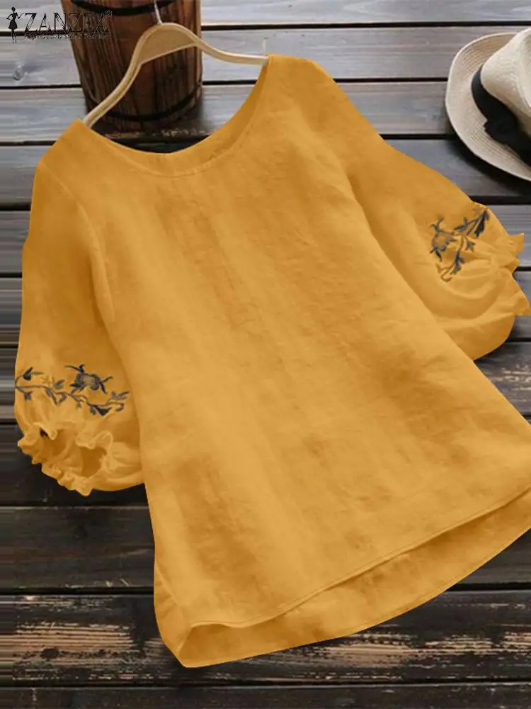 2024 ZANZEA Women Floral Embroidery Blouse Summer Elegant Shirts Autumn Loose Holiday Blusas Casual O Neck 3/4 Sleeve Work Tops