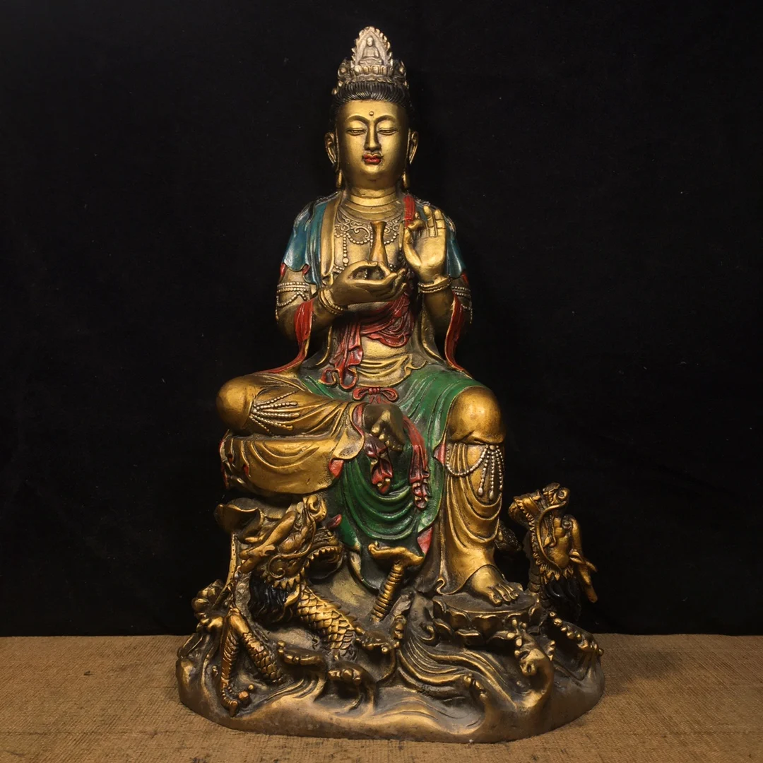 

15"Tibetan Temple Collection Old Bronze painted clean bottle Royal Dragon Avalokitesvara Buddha Buddha Terrace worship hall