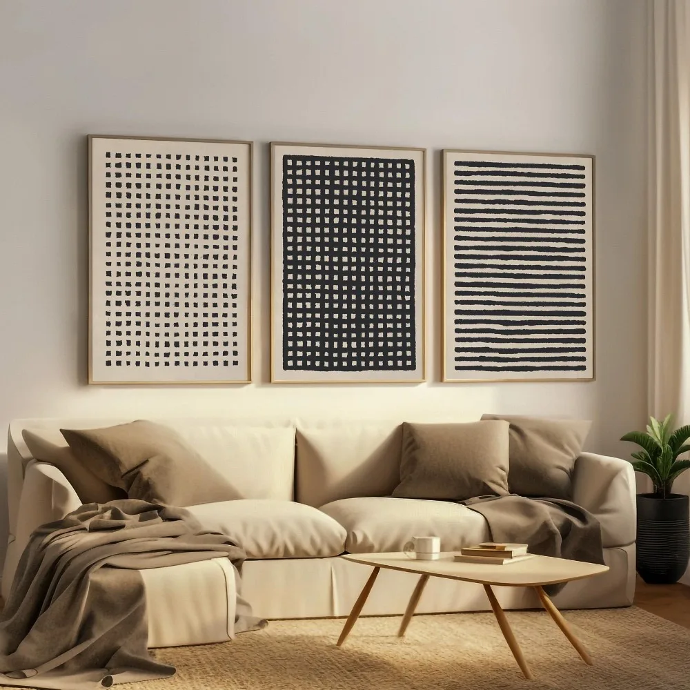Frameless,Minimalist Black Ink Wall Art,Abstract Beige Black Line Prints,Neutral Geometric Art,Bohemian Living Room Decoration