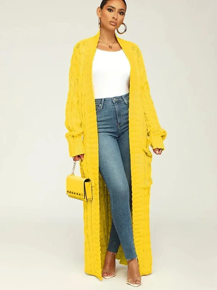 Cárdigan de punto para mujer, Chaqueta larga de ganchillo amarillo, suéter suelto de manga larga, suéter cálido, cárdigans casuales, Otoño e Invierno