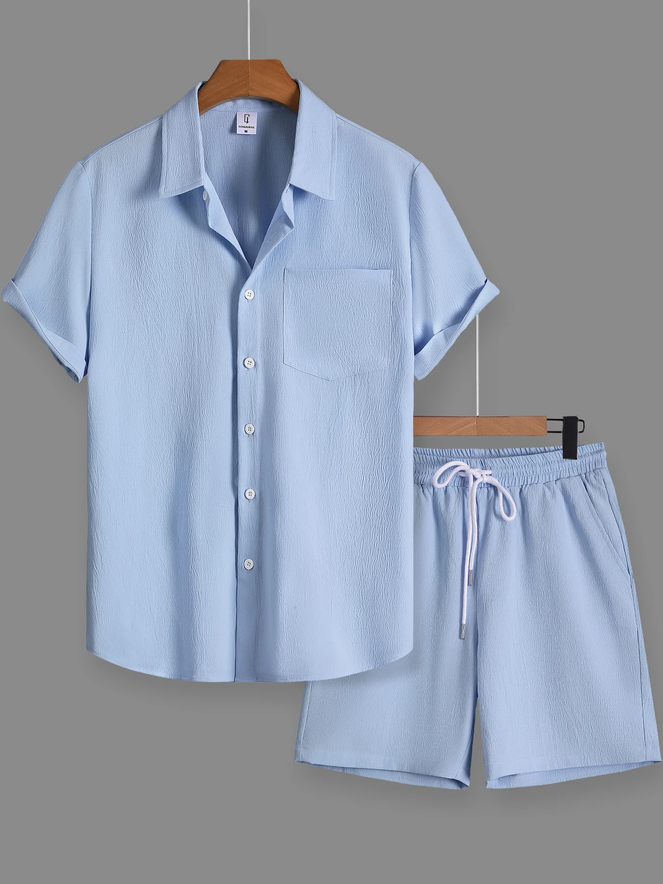 

Men's Minimalist Smart Casual Set, Textured Shirt & Drawstring Shorts, Comfortable & Versatile