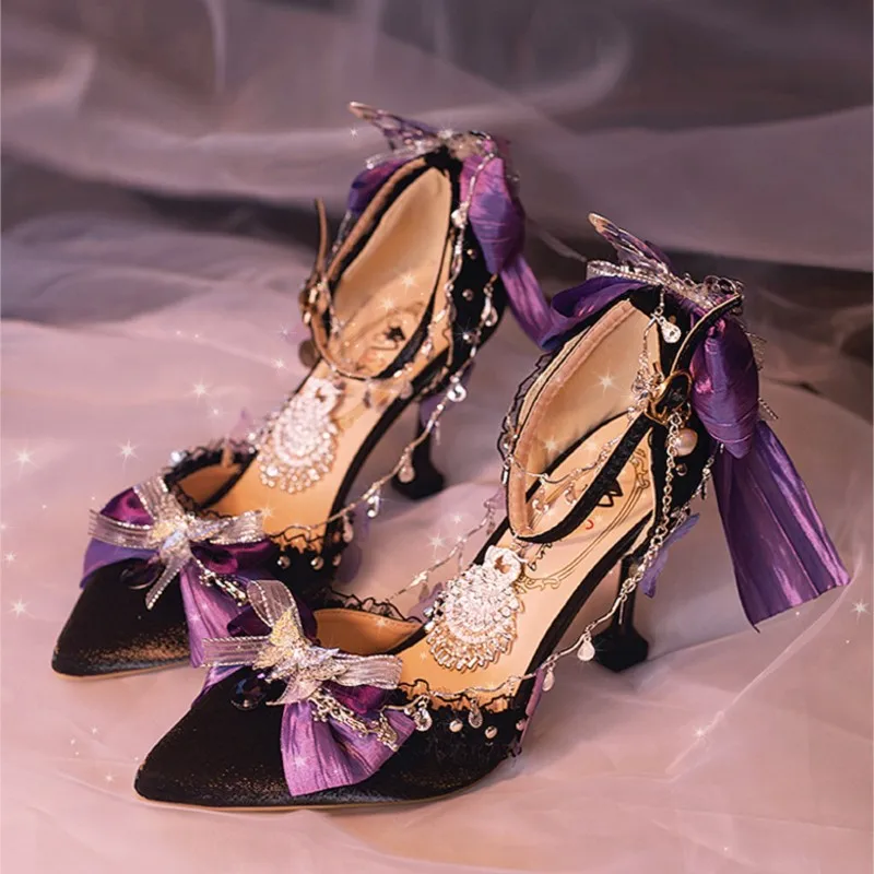 Handmade Black Purple Pointed Stiletto Heel High Heels