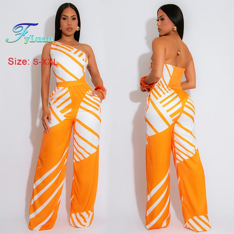 

Fashion Women‘s Jumpsuits Summer Casual Slanted Shoulder Backless Striped Romper Pants Comfortable One-Piece Lady Wide Legs Pant