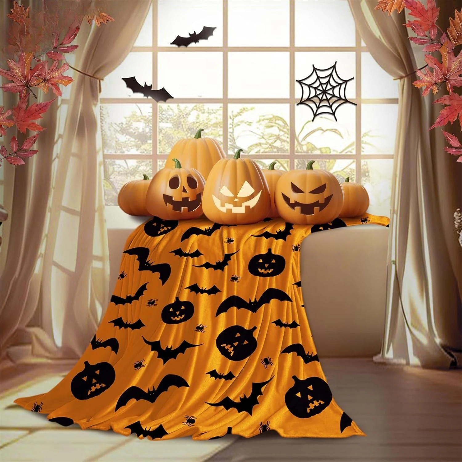 1PC Halloween Theme Throw Pumpkin skull Black Bats Orange color Thin Blanket Gifts for Couch Bed Car Home Camping all season use