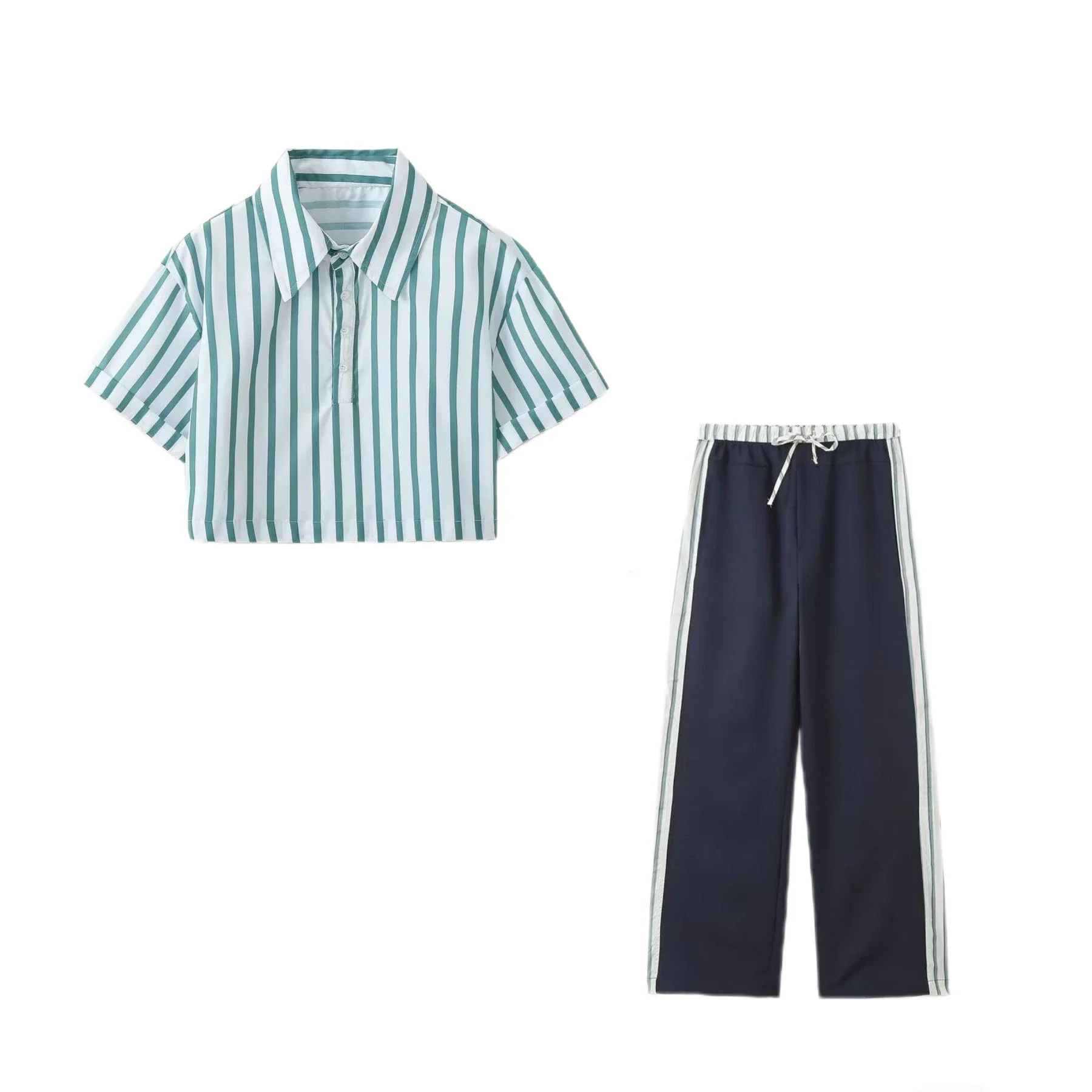 

Women's Striped Shirt Trousers Suit Lapel Short-sleeved Top Side Striped Elastic Waist Pants Spring Summer New Chic Suit