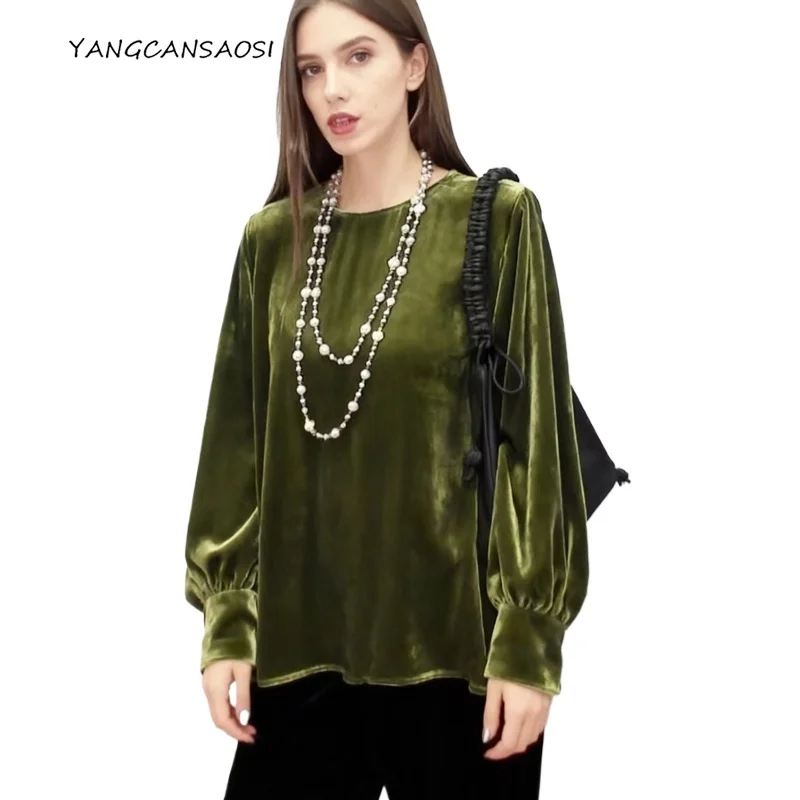 

2025 Women's Fashion Luxury Autumn New 30% Natural Mulberry Silk Velvet Green Round Neck Lantern Long Sleeved Simple T-shirt
