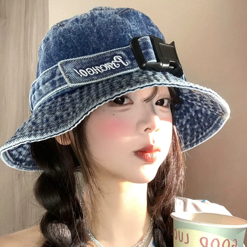 New Niche Buckle Belt Design Denim Bucket Hats for Women Spring Summer Travel Sunscreen Versatile Literary Basin Caps for Men