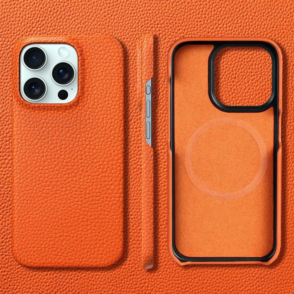 

for Magsafe Case for iPhone 15 16 Pro Max Promax 16Pro Natural Cowhide Lychee Leather Magnetic Protector Luxury Phone Back Cover