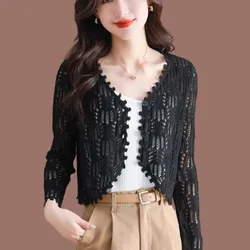 #3515 Vintage Knitted Jacket Women Thin Summer Short Hollow Out Sunscreen Coat Sexy Slim Knit Outerwear Coat Buttons Solid Color