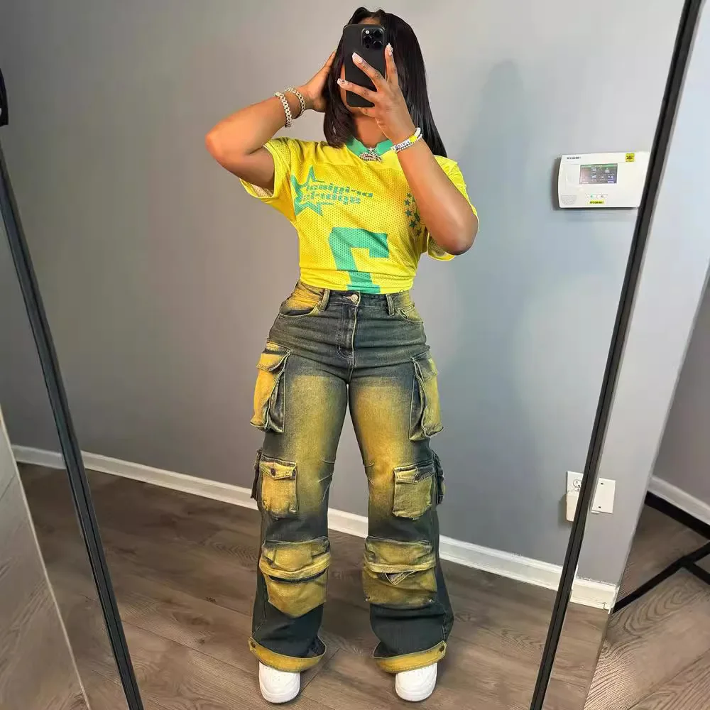 American Retro High Rise Multi-Pocket Tie Dye Cargo Pants Spring New Arrivals Women's Loose Slimming Straight Leg Denim Jeans