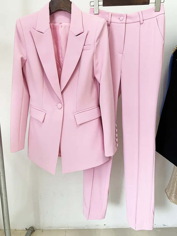 Blazer Pants Suits Pink Two Piece Set Office Business Women Single Buttons Pencil Pants Blazer + Pantsuits Formal Event Outfits