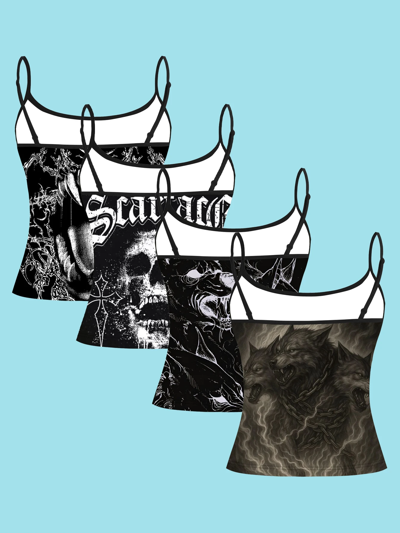 4-Piece Vintage Beast Wolf Head Suspender Set, Black and White Gothic Style Letter Pattern Women's Spaghetti Strap Inner Wear