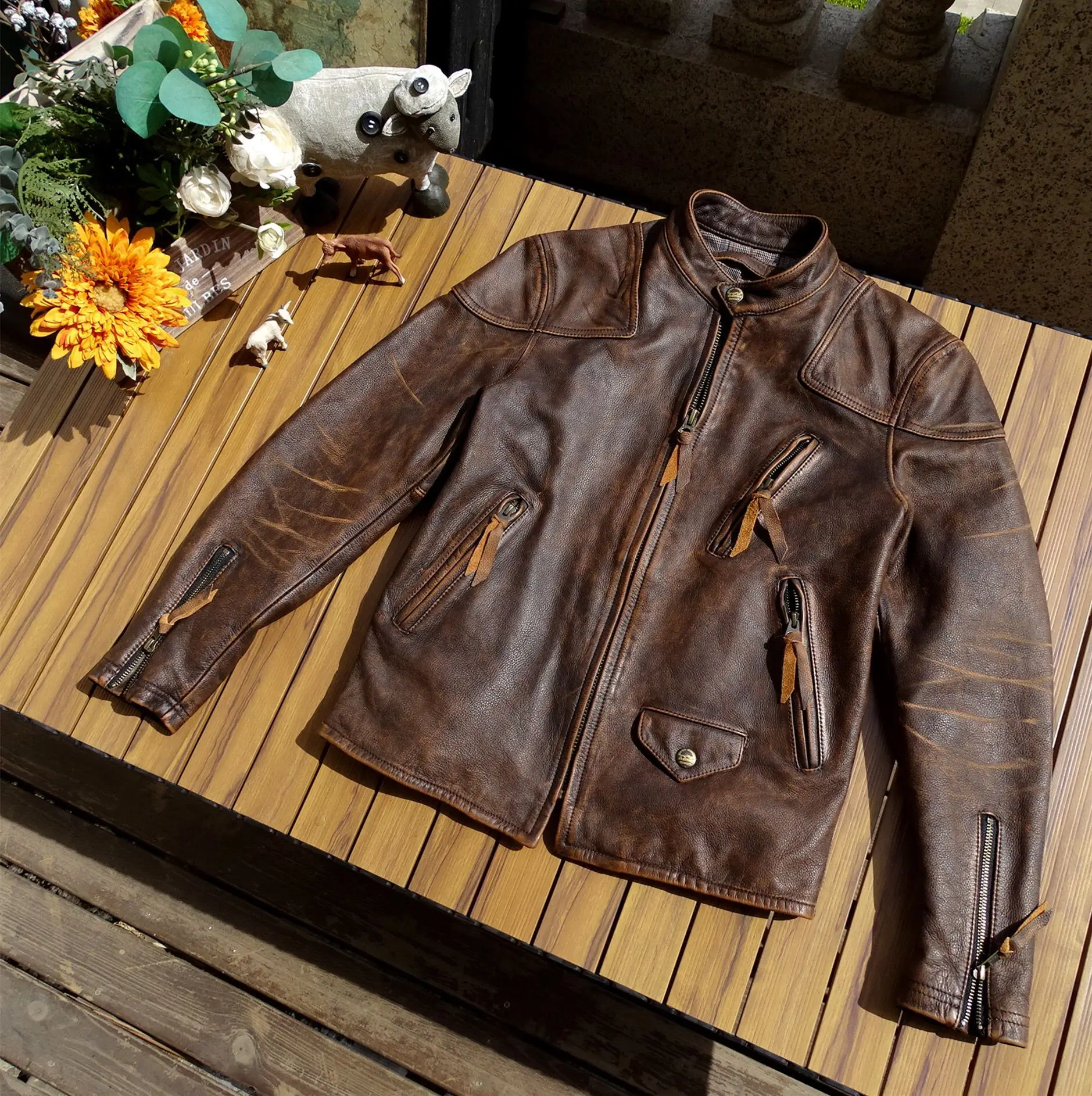 Vintage 2024 Men Genuine Leather Coat Natural Cowhide Calf Skin Motorcyclist Biker Jacket Autumn Fall Brown Oversized XXXXXL 5xl