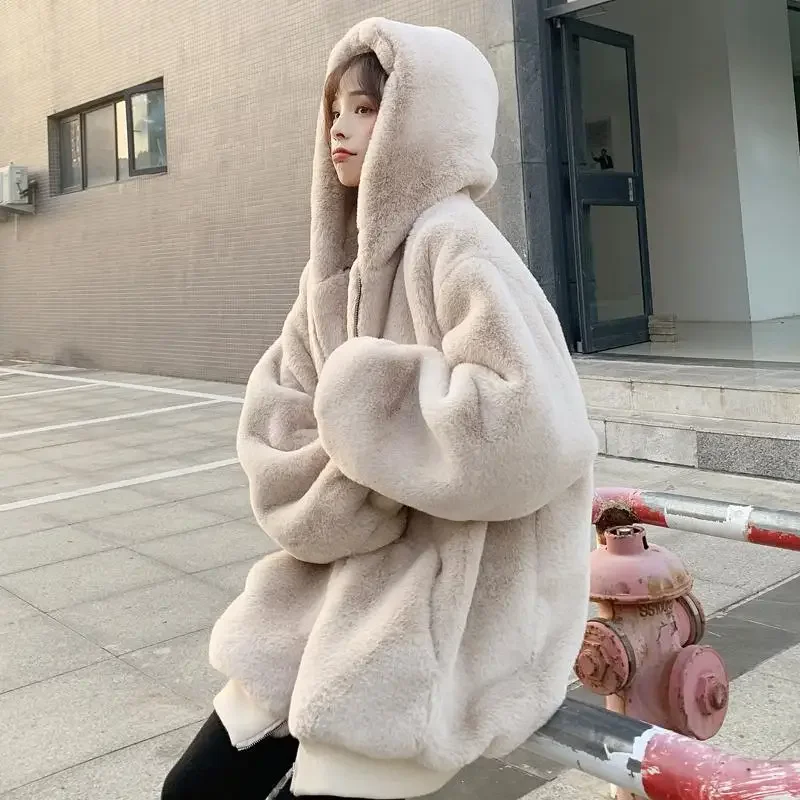 Y2K women\'s winter imitation rex rabbit fur plush coat mid-length large size loose thickened hooded women\'s solid color coat ins