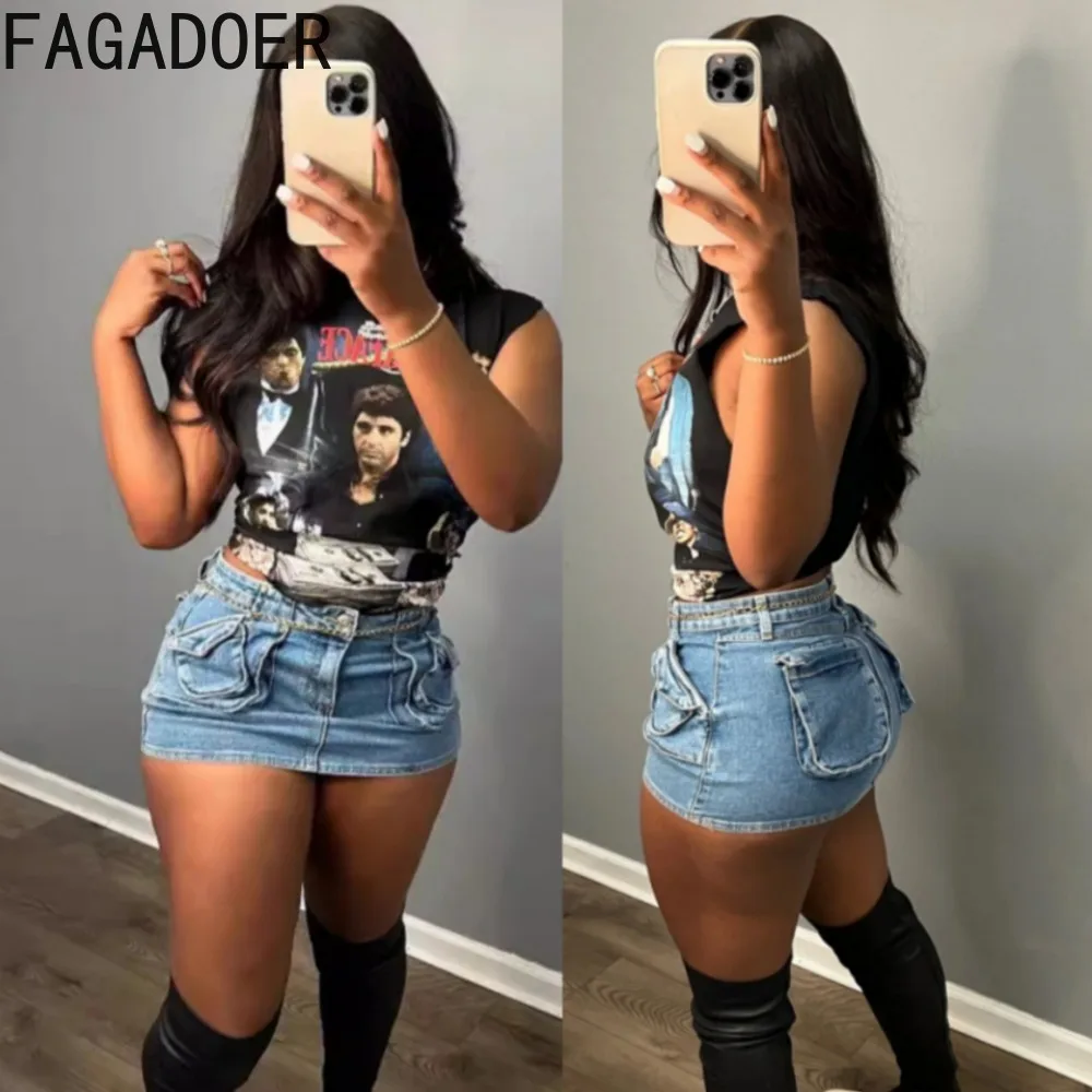 

FAGADOER Fashion Denim Pocket Skinny Mini Skirts Women High Waisted Button Elasticity Skirts Summer New Y2K Cowboy Bottoms 2024