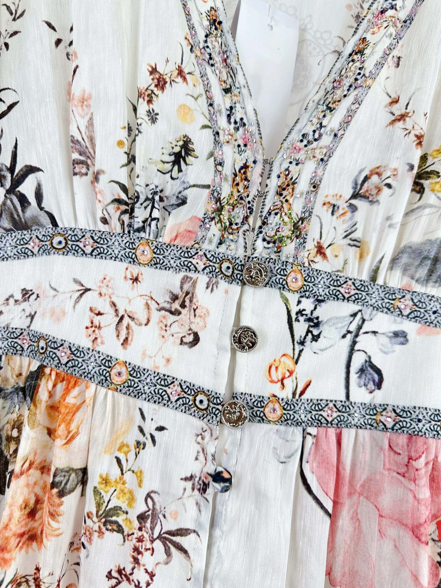 Feminino cristal frisado em camadas vestido floral impresso bordado emendado manga longa com decote em v único breasted férias mini robe