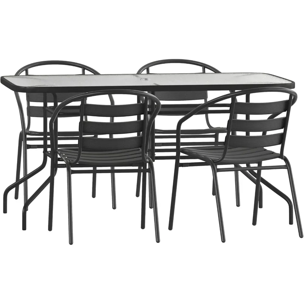 

Bestsellerflash furniture lila 5 piece patio dining set - 55" tempered glass patio table with umbrella hole - 4 black metal alum