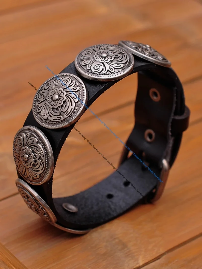 Celtic Biker Western Decor Antique Flower Concho Leathercraft Quality Veg Tan Black Leather Bracelet Wristband Cuff Bangle