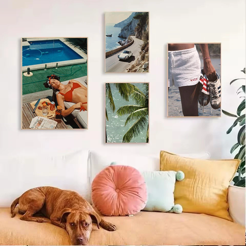 Vintage Summer Palm Springs Poolside Yacht Luxury Car Coastal Drive Photography Poster Canvas Painting Wall Pictures Home Decor