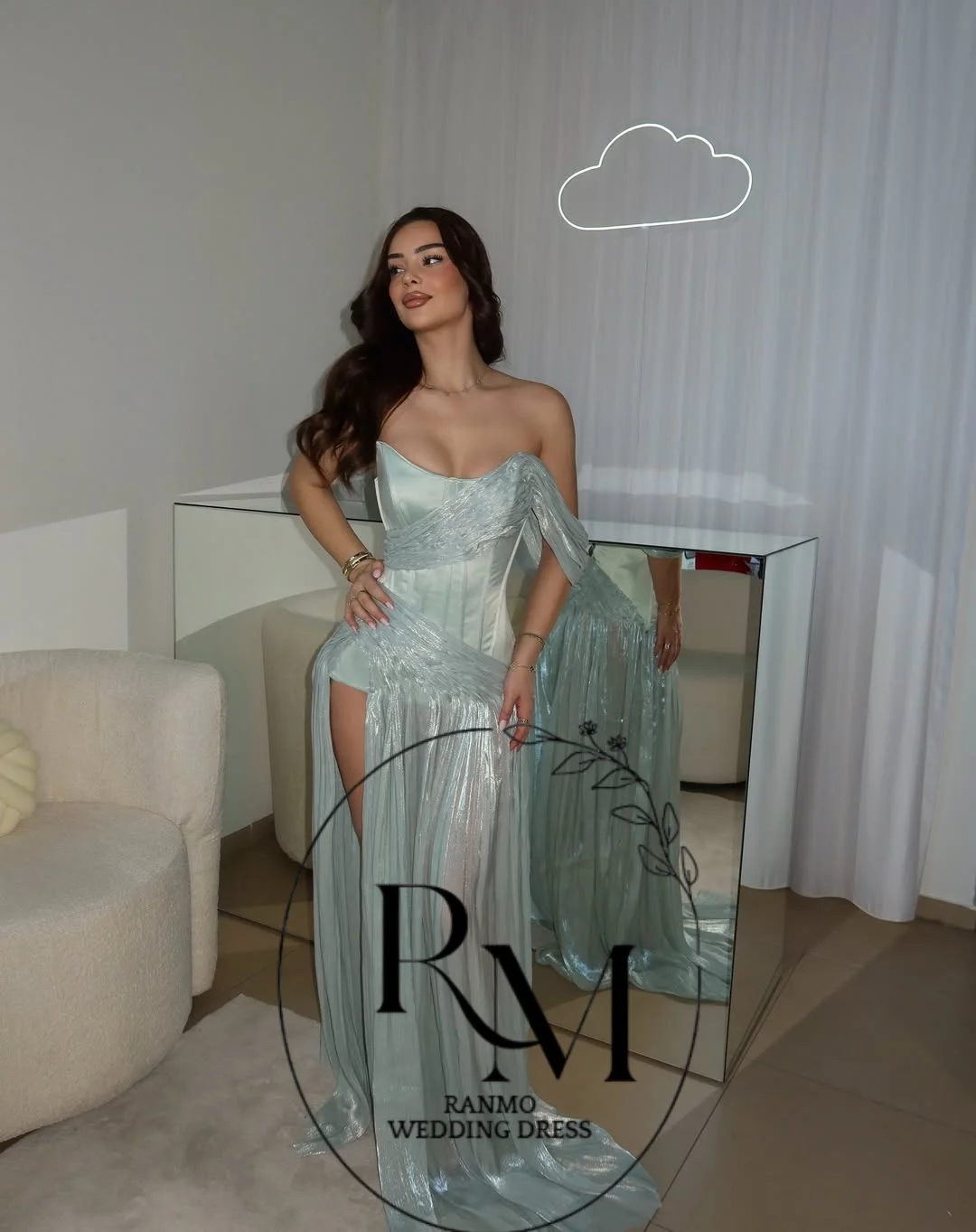 

Ranmo Shiny Satin Evening Dresses Elegant Off Shoulder Pleats Backless A-Line Arabia Prom Gown Ruched Party Dresses Customized