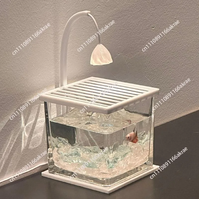 for Fish tank small living room landscaping lazy glass ornament creative betta desktop viewing night light