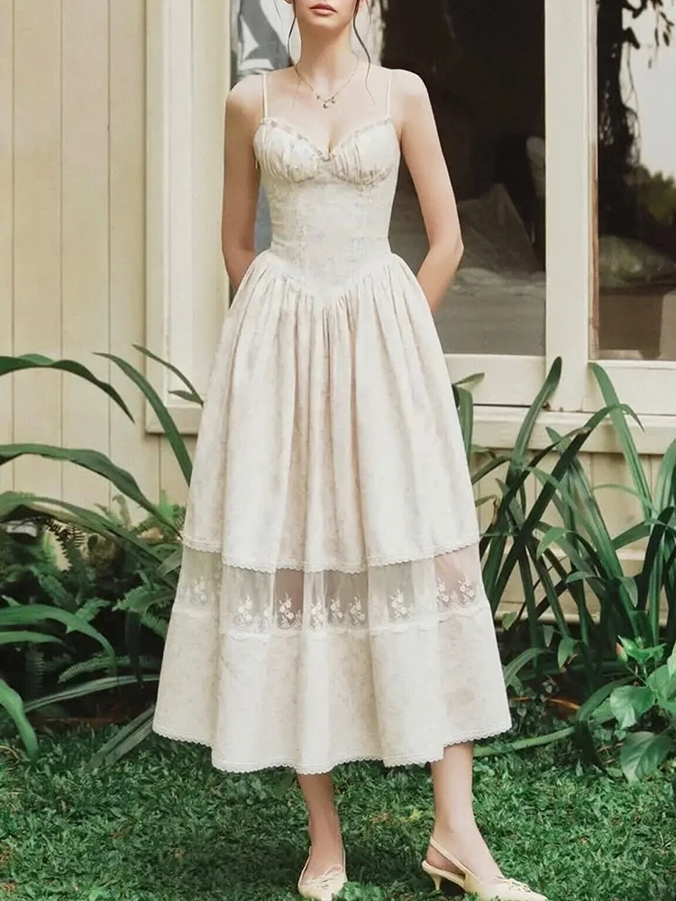 

Floral straps lace splicing long dress temperament elegant resort style splicing see-through mesh women's dress 2025 Autumn New