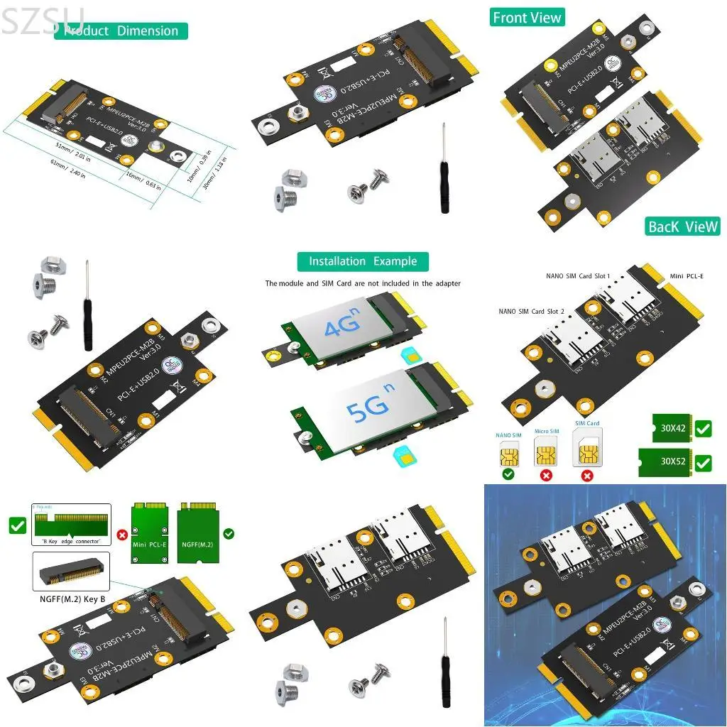 

SZSU Double Card Slot M.2 B to Mini PCIE Adapter Support 3042 3052 B M.2
