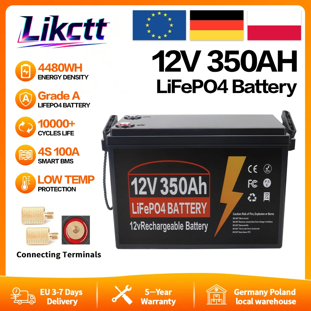 Klasse A 12V 350AH LiFePO4-Batterie Lithium-Eisenphosphat-Akku Neu mit 4S 100A BMS und 10.000 Zyklen Lebensdauer für Wohnmobil- und Heimenergiespeicher