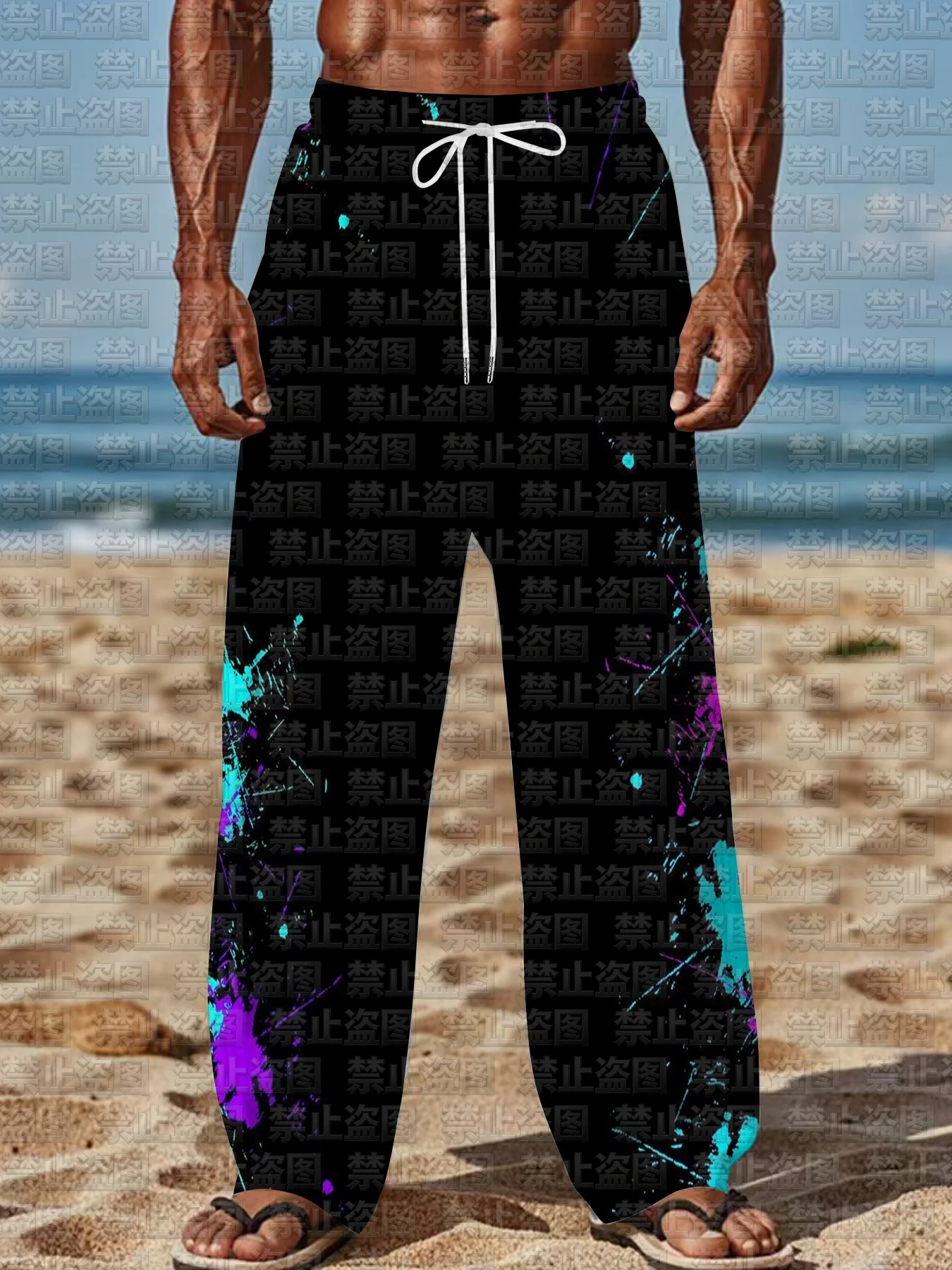2026 Summer Men's Edgy Multicolor Paint Splash Elastic Waist Loose Pants for Kids Lightweight Streetwear Trousers for Daily Play