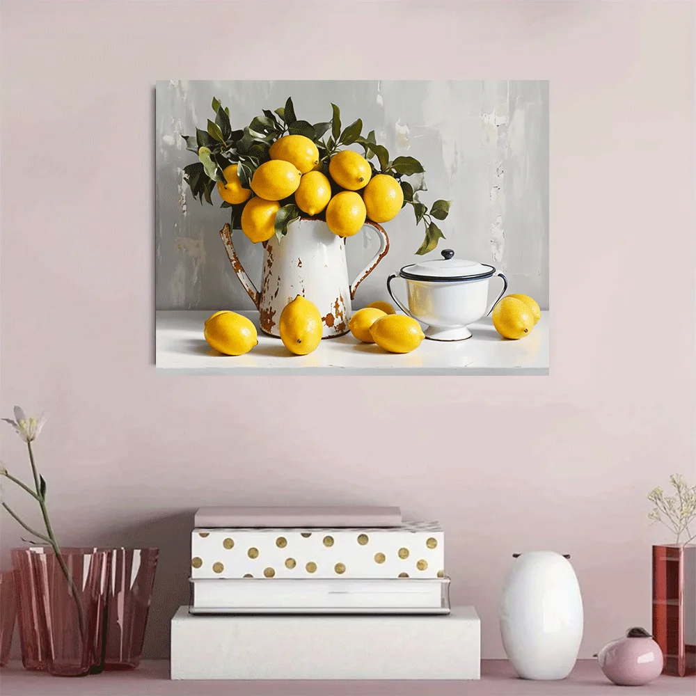 1PC-Unframed Canvas poster wall decoration  Lemon Still Life Rustic Pitcher Enamel Pot Fresh Citrus Kitchen Art Print