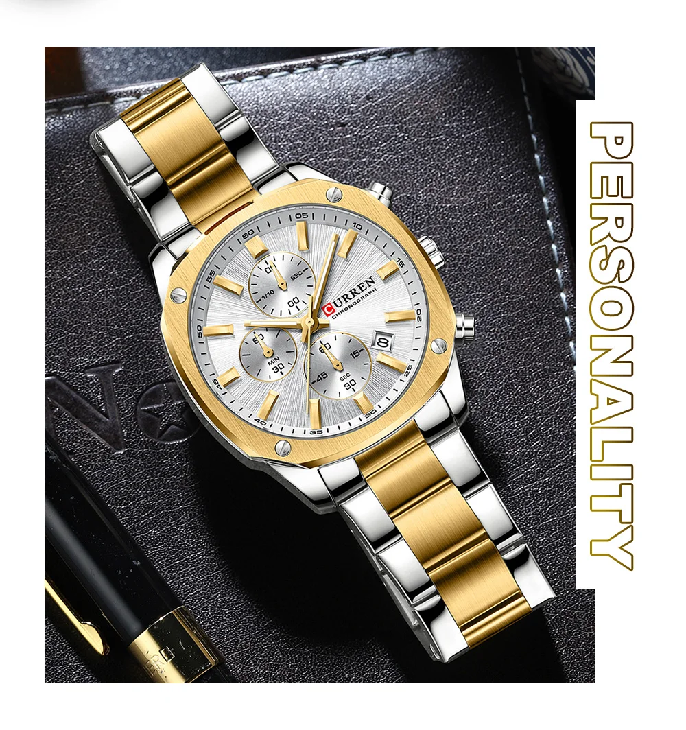 CURREN Business Casual Chronograph Uhr für Herren mit Edelstahlarmband und schwarzem Zifferblatt, leuchtenden Zeigern - Quarzwerk – Detail 9