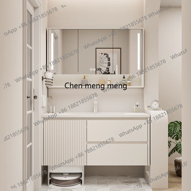 

Cream wind solid wood bathroom cabinet combination ceramic integrated basin washstand bathroom cabinet