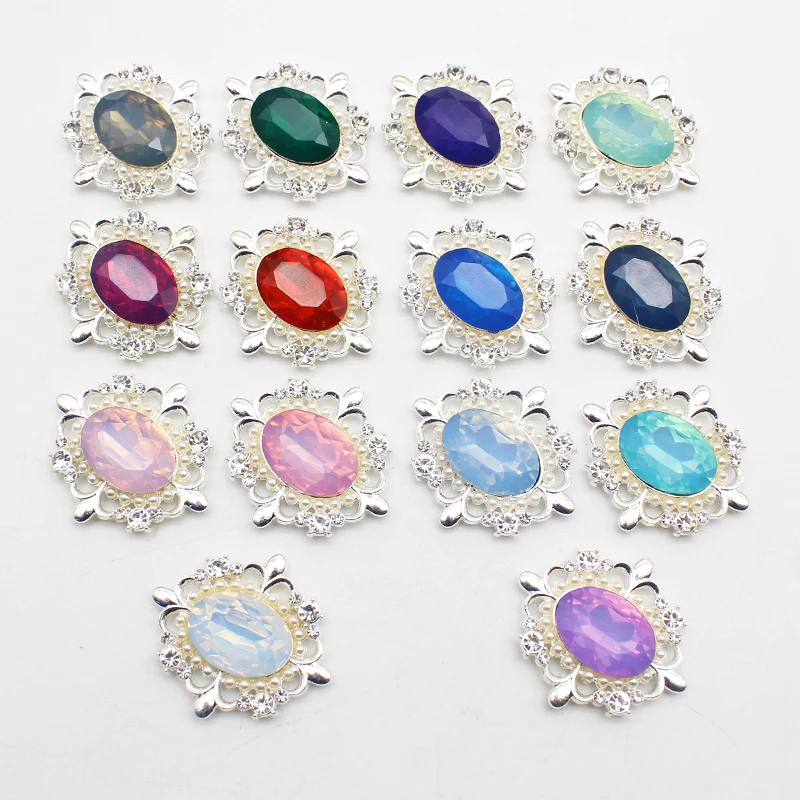 New 29*32mm Oval Resin Alloy Accessories Flat Bottom Rhinestone Pearl Metal Decorative Accessories Wedding Jewelry Parts