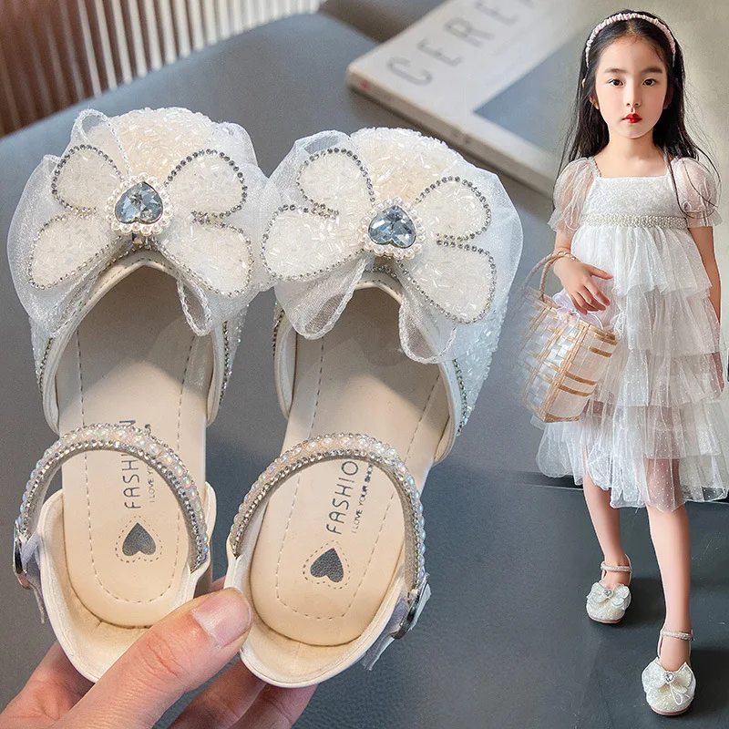 Nuove ragazze estive scarpe da principessa in pelle moda strass papillon sandali per bambini femminili taglia 23-34