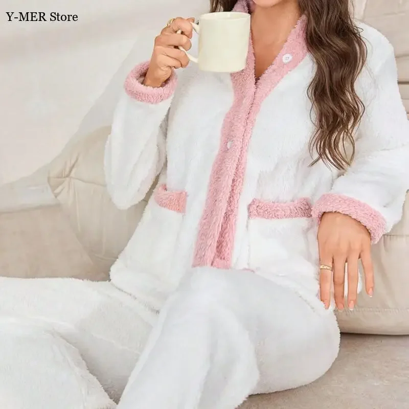 

Теплый пижамный костюм из кораллового флиса, осенне-зимняя новая домашняя одежда с длинными рукавами и карманами, брючный костюм из 2 предметов, мягкая одежда для дома, пижамы