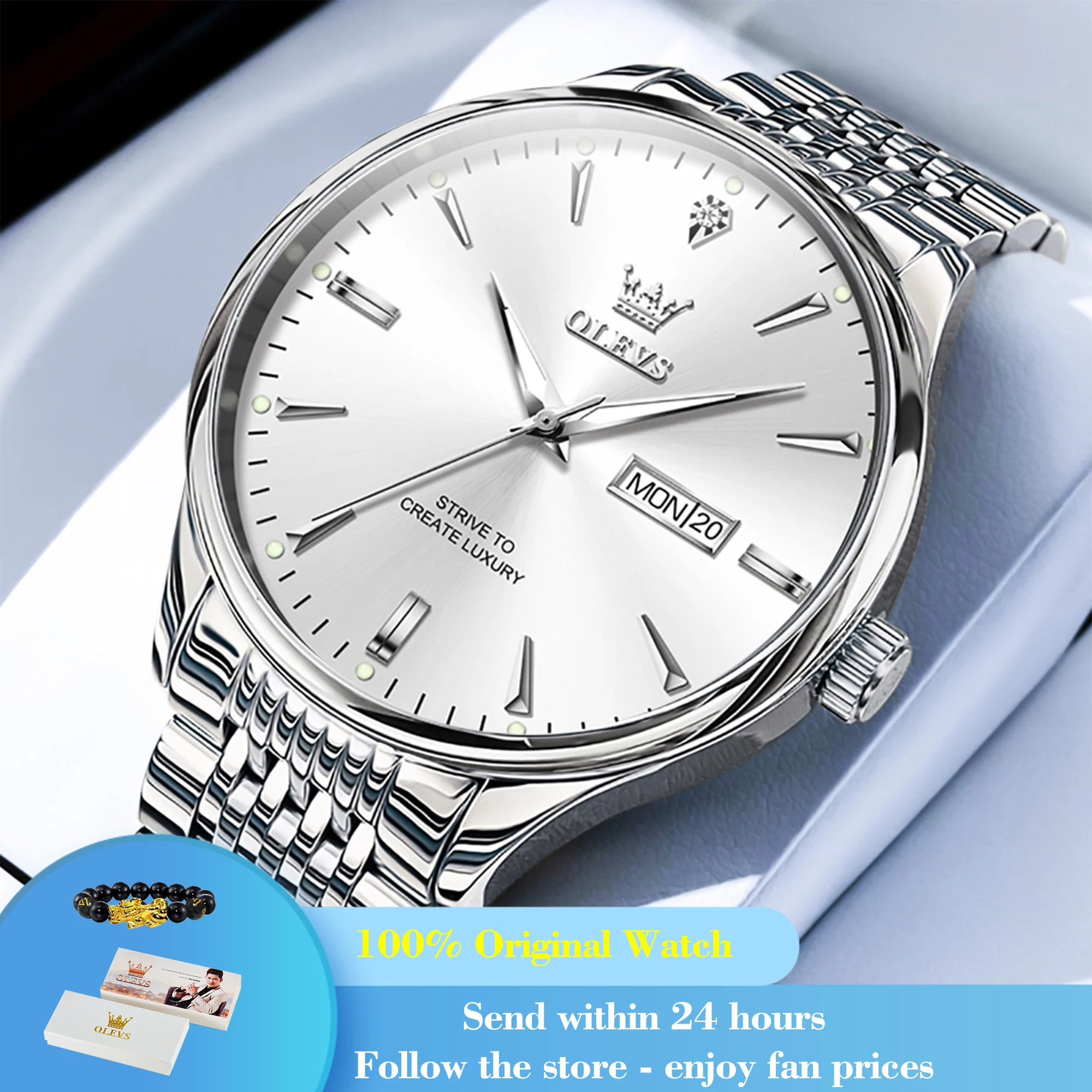 OLEVS 2929 Men Quartz Watch Original Waterproof Business Man Wristwatch Steel Strap Dual Calendar Luminous Fashion Watch For Men