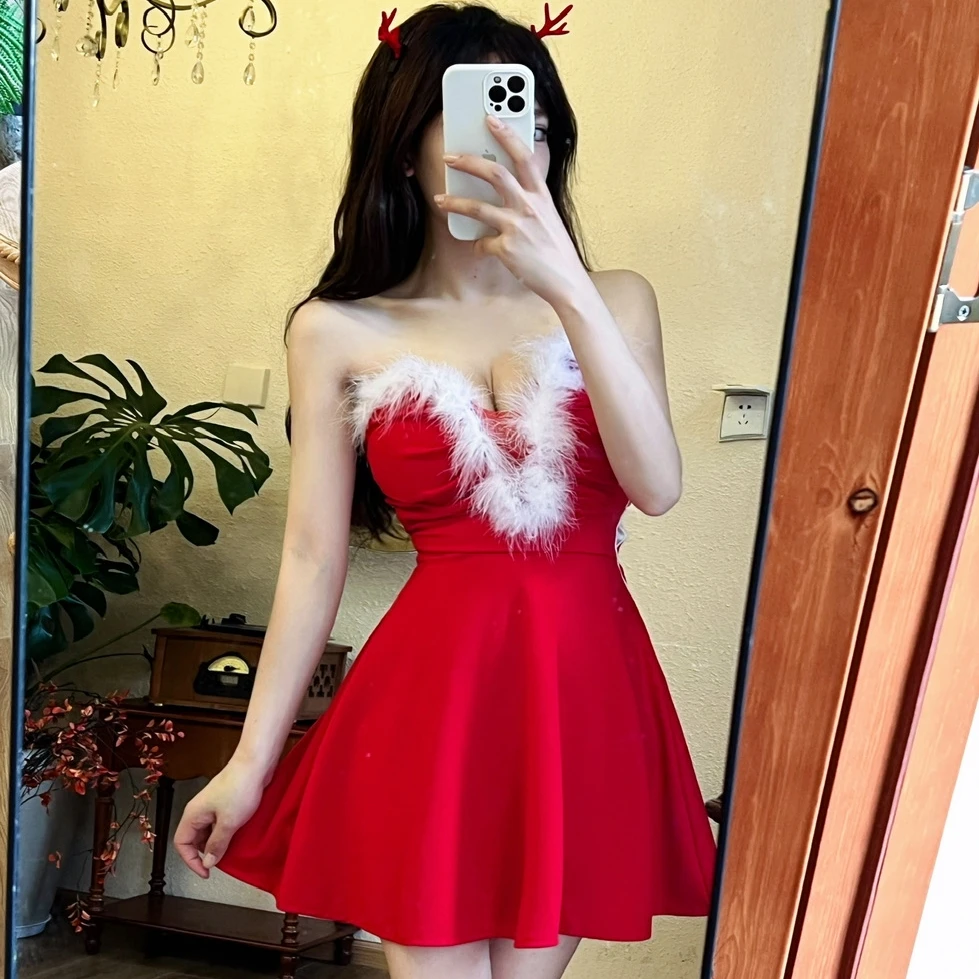 Tea Breeze Pure Desire Sense Christmas Sexy Sheath Fur Patchwork Low Cut Big Hem Dress Short Dresses