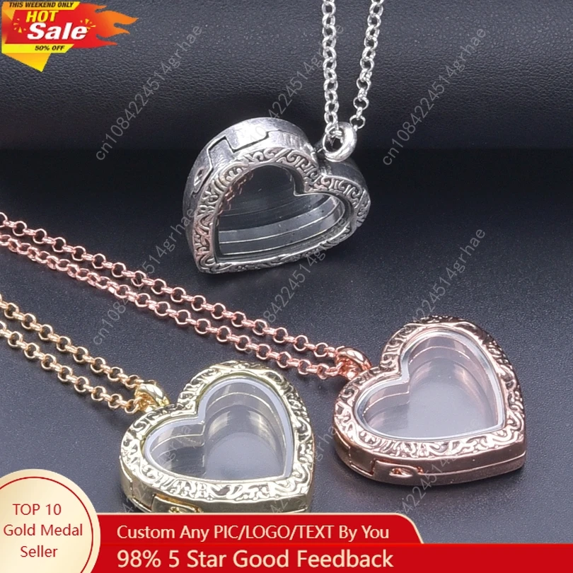 

1Pc Carved Romantic Love Heart Glass Living Picture Locket Pendant Necklaces For Women Jewelry Diy Plain Relicario Collares Bulk