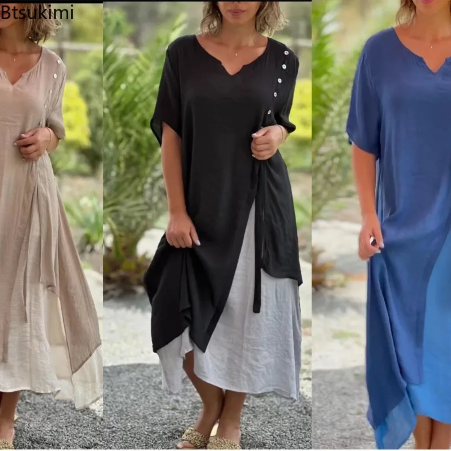 

Women's Fake Two-pieces Summer Dress Fashion Asymmetric Hem Design Loose Short-sleeved Casual Long Dress Women Elegant Vestidos