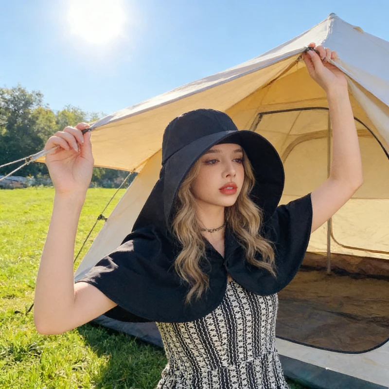 Full face sun protection and neck protection hat, integrated women's summer oversized shawl sun protection fisherman hat