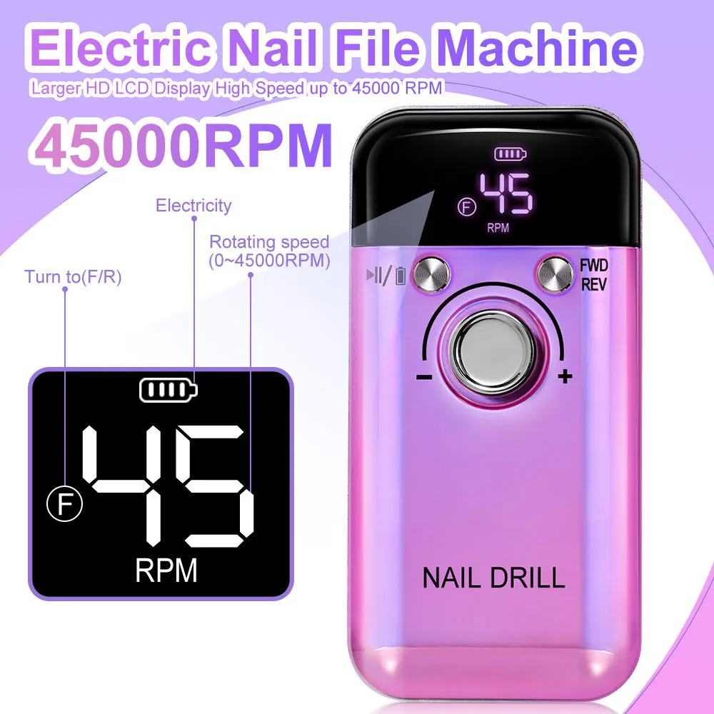 Original 45000RPM Rechargeable Nail Drill Machine with LCD Low Noise Professional Nail Polish Sander Nails Accessories Set