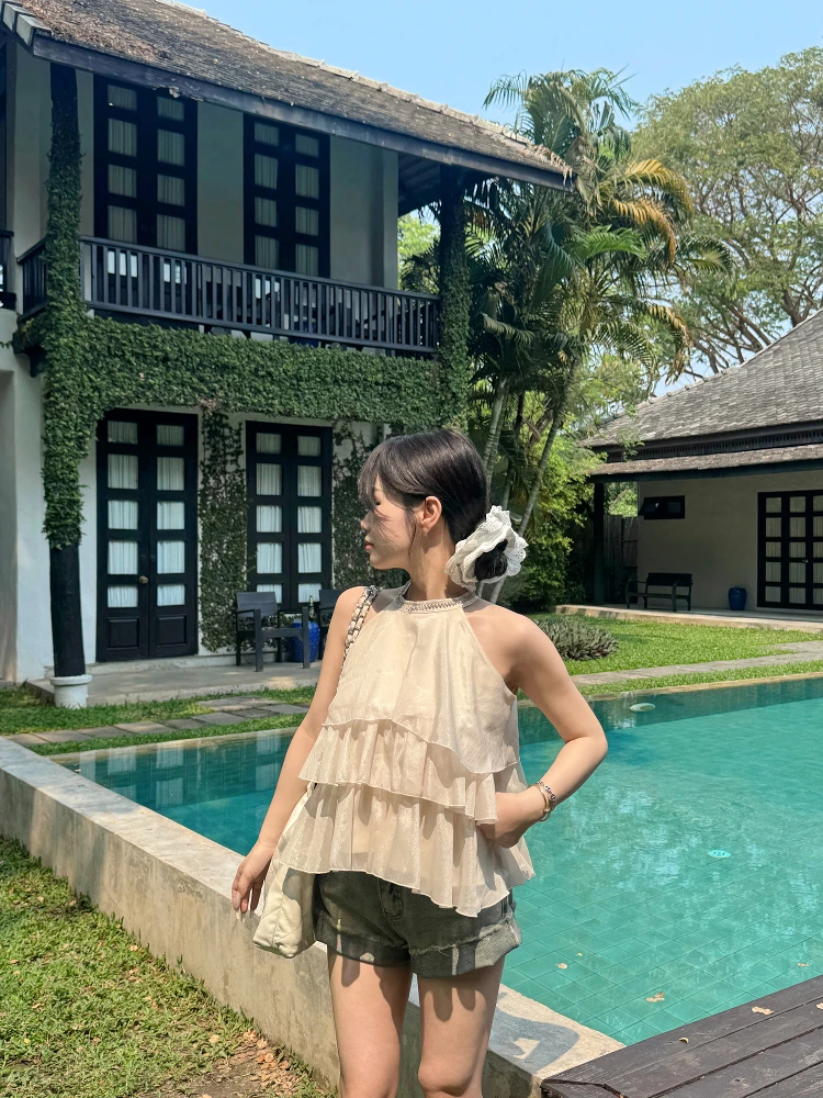 

Pure Desire Sweet Sle Off-oulder Chiffon Top with Lace Trim Polka Dot Ne Hanging Design ort Length Polyester Fiber