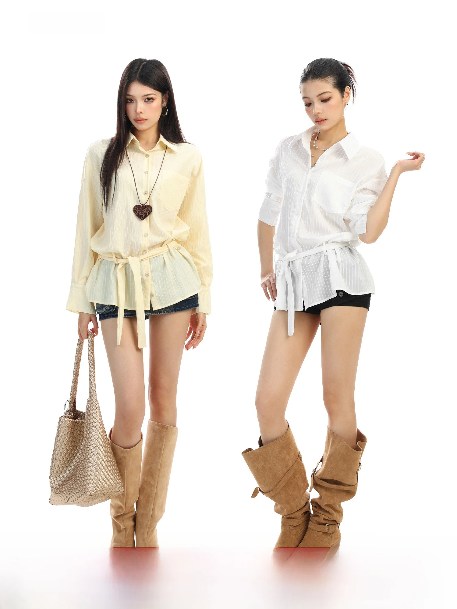 

New Women's irt Waist-Cinching Belted Vertical Stripes Faionable Spring Casual Sun Protection Top French Sle Loose Fit ...