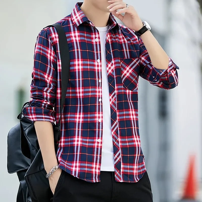 Casual Plaid Shirt Men Slim Fit Cotton Wool Male Long Sleeve Shirts Men Fashion Brand Plus Size M-5XL 2023 Spring New