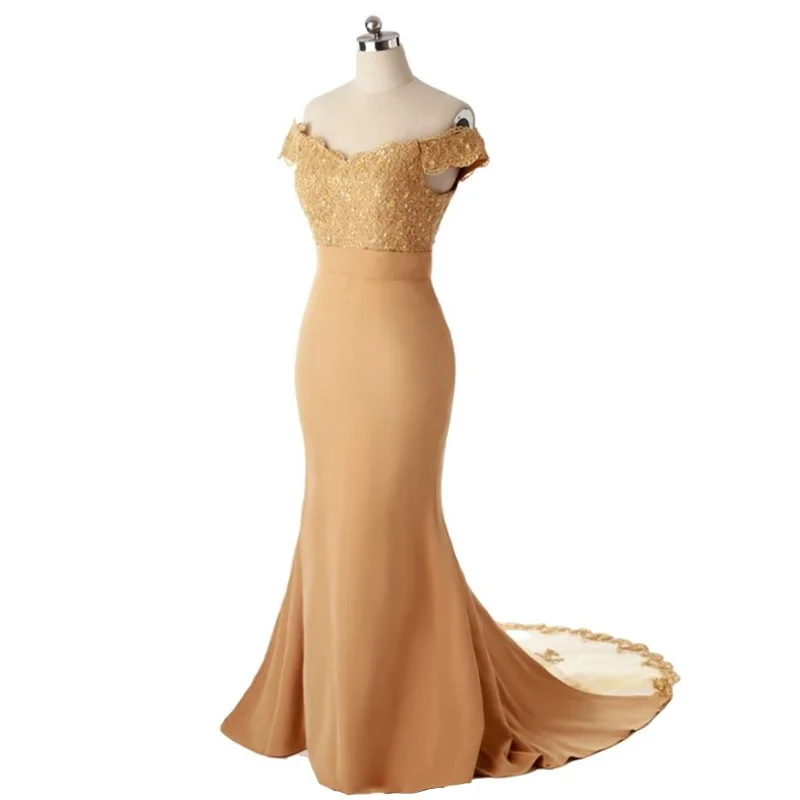 

Gold bridesmaid dresses for wedding 2024 vestido festa mermaid long tail satin stickers beaded sexy V-neck off shoulders Eveni