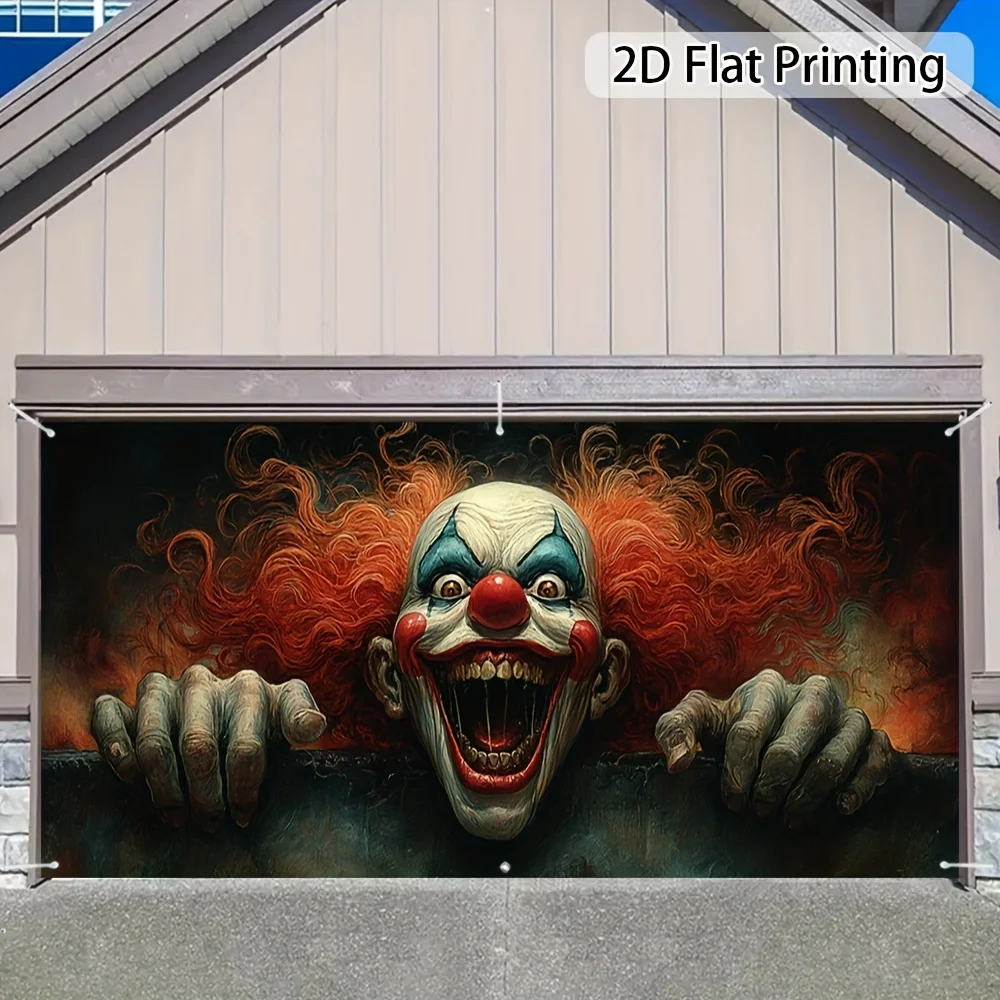 2D-Türbanner, 1 Stück riesiges, erschreckendes Garagentorbanner mit Clown-Gesicht – Bedrohung von roten Haaren und Zähnen im Pennywise-Stil