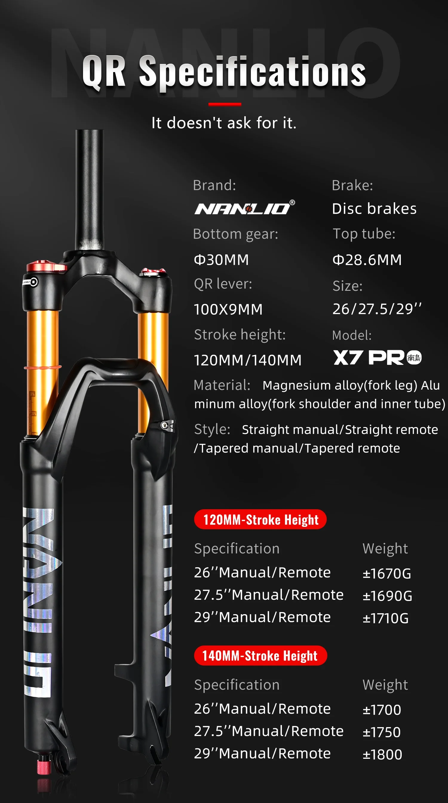 NANLIO X7 PRO MTB Luftfederungsgabel 26 27,5 29 Zoll 120 140mm Federweg mit Rückprall-Einstellung Metallbuchsen Schwarz Gold Fahrradgabel – Detail 5