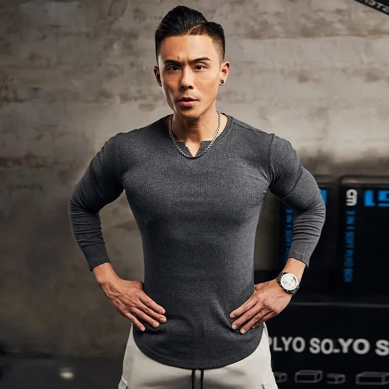 Men's new sports long-sleeved T-shirt V-neck tights moisture absorption and perspiration high elastic training running fitness b